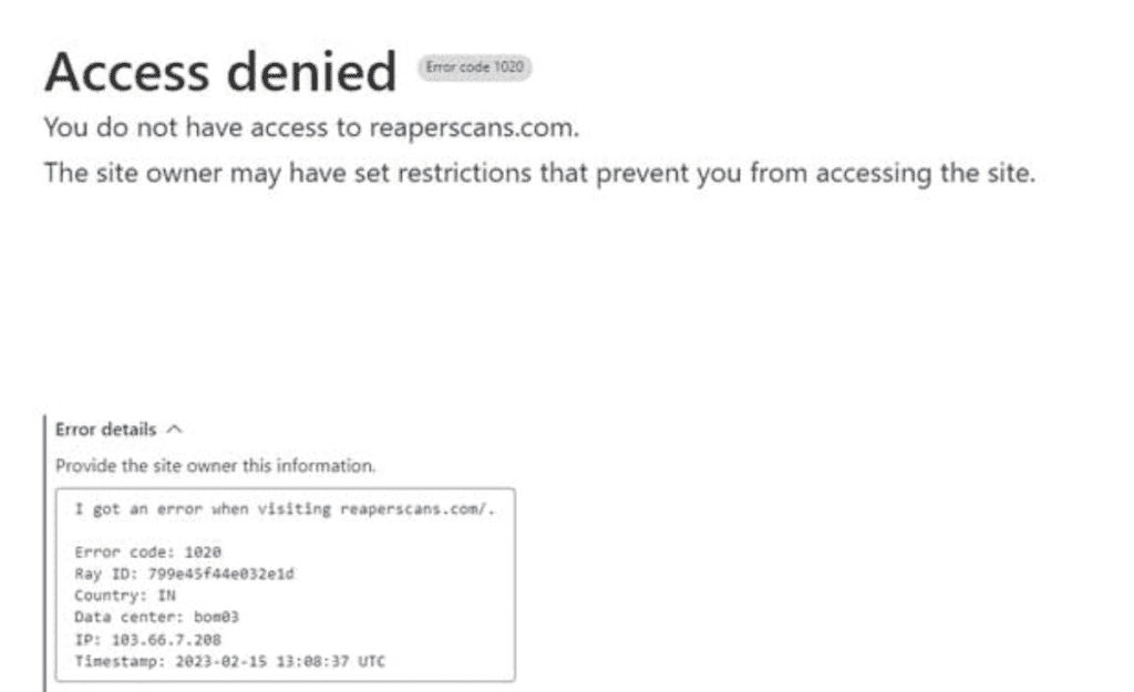 How to Fix Access Denied Error Code 1020 on Reaperscans 1 Access Denied Error Code 1020 on Reaperscans