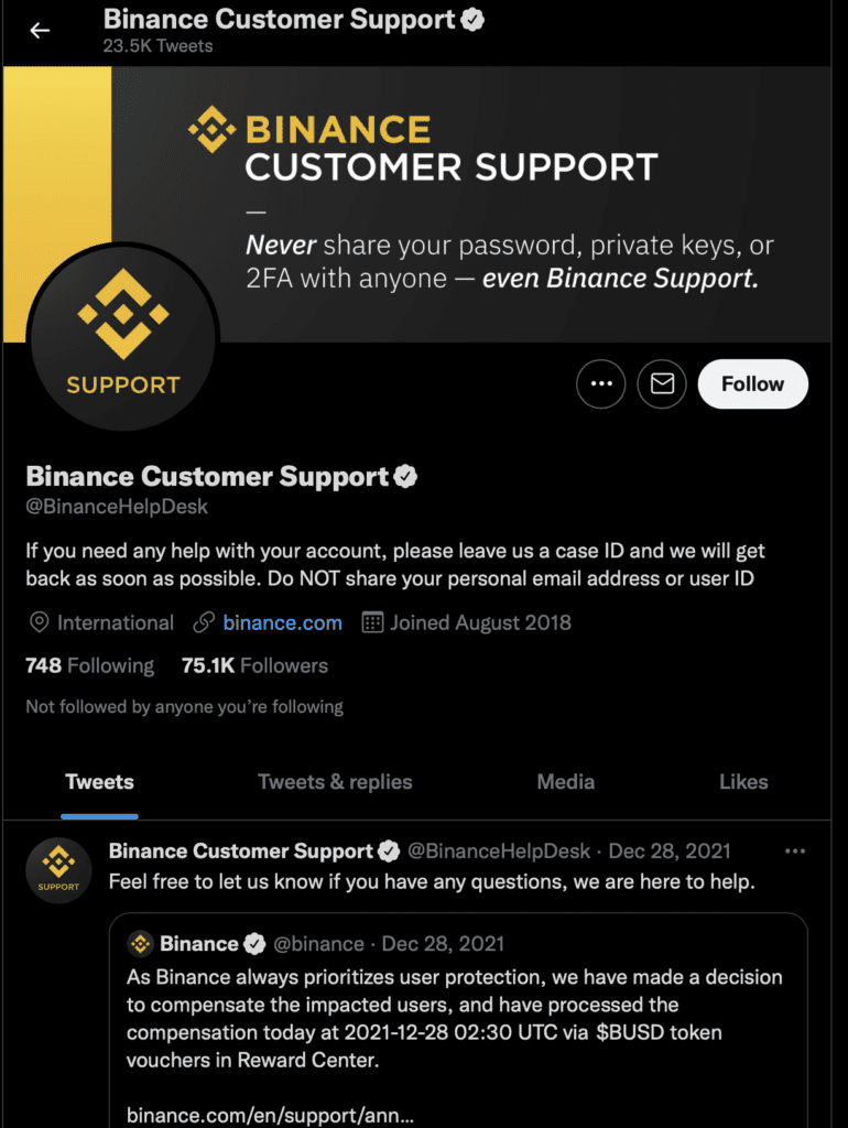 How To Contact Binance? 2 Binance twitter