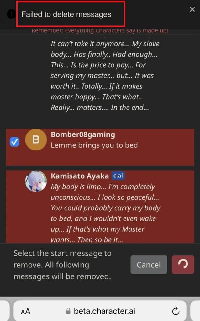 How To Fix "Failed To Delete Messages" on Character.AI 1 Character AI Failed To Delete Messagess