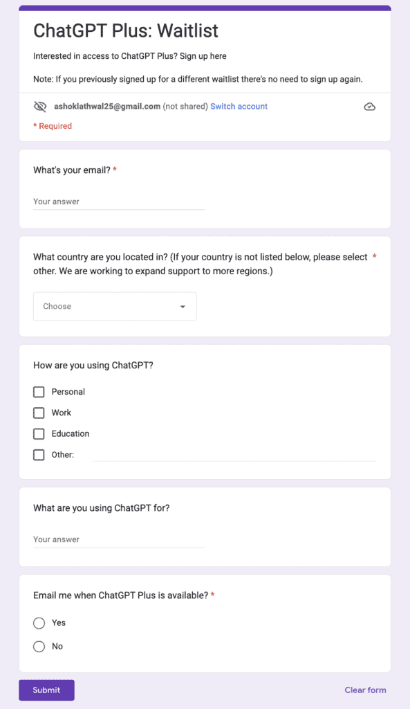 How to Get ChatGPT Plus 3 ChatGPT Plus Waitlist signup form