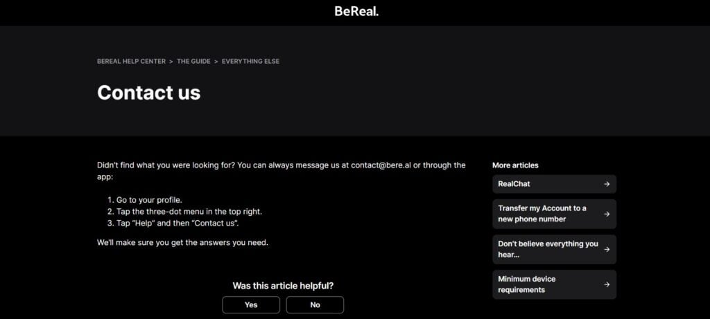 How To Fix BeReal Stuck On Retrieving Memories 2 Contact BeReal Support for Stuck On Retrieving Memories