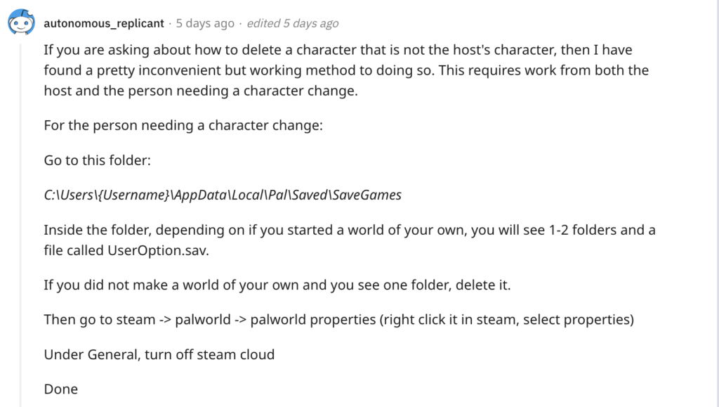 Delete Palworld Character