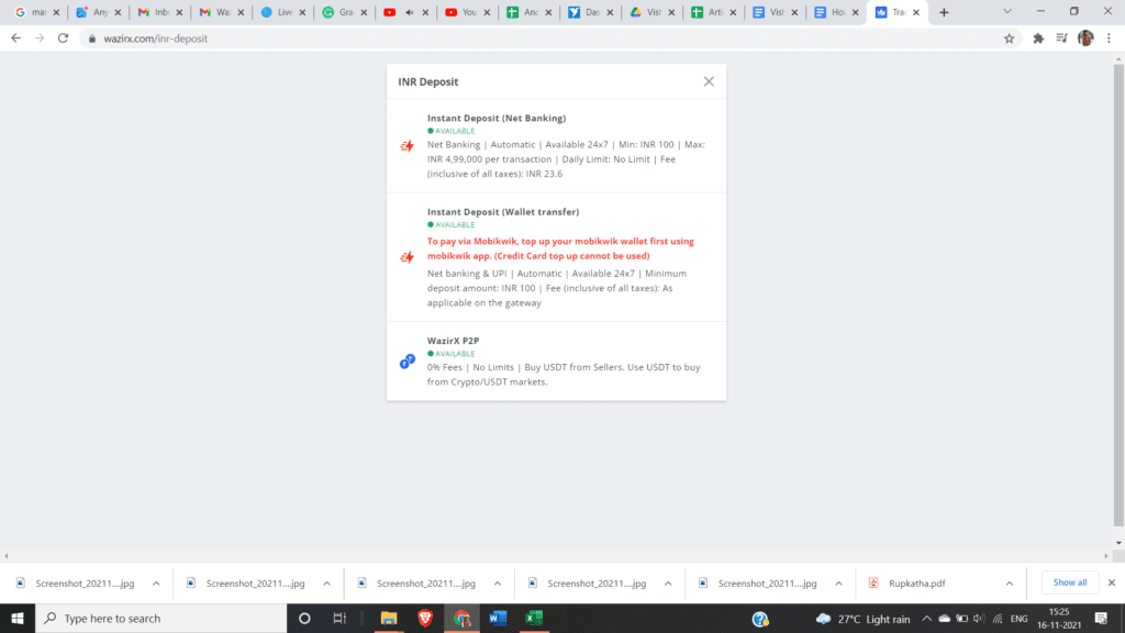 How to Deposit Money in WazirX? 9 Deposit wazirx D mode
