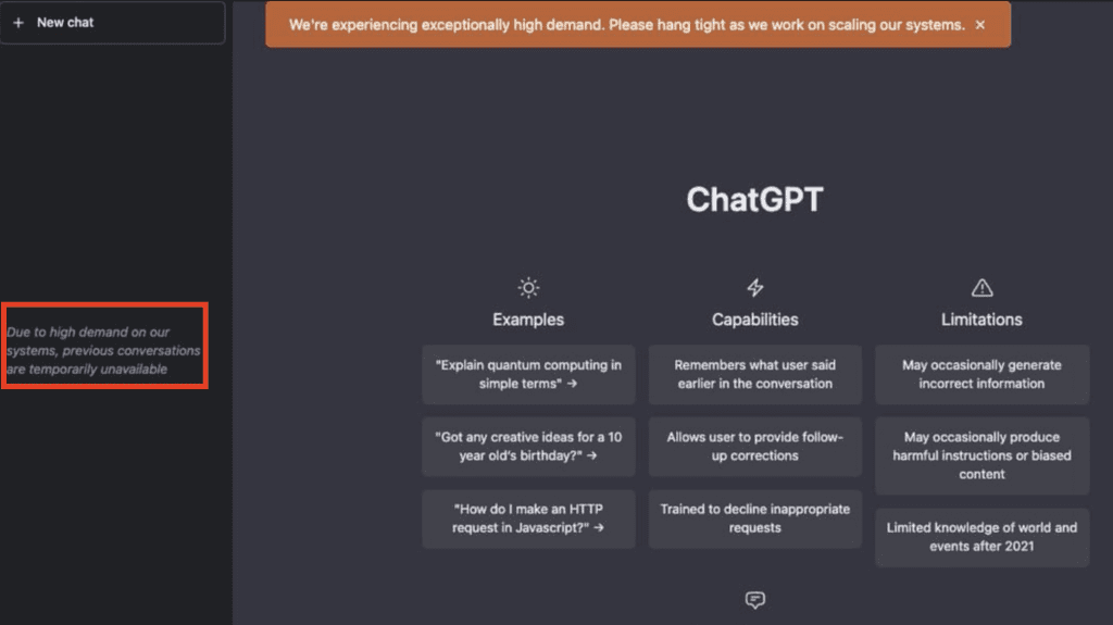 Fix: Due to High Demand on Our Systems Previous Conversations Are Temporarily Unavailable ChatGPT 1 Due to high demand on our systems, previous conversations are temporarily unavailable