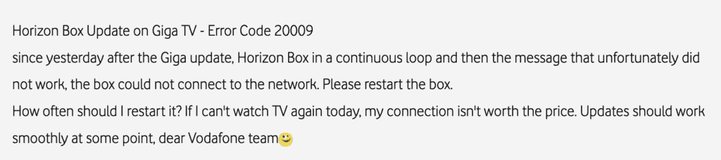 How to Fix "Error Code 20009" on Horizon Box Vodafone 1 Error code 20009 on a Horizon box from Vodafone