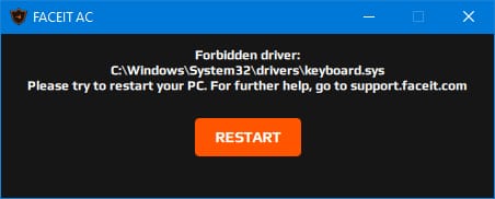 Faceit Forbidden Driver Error Message