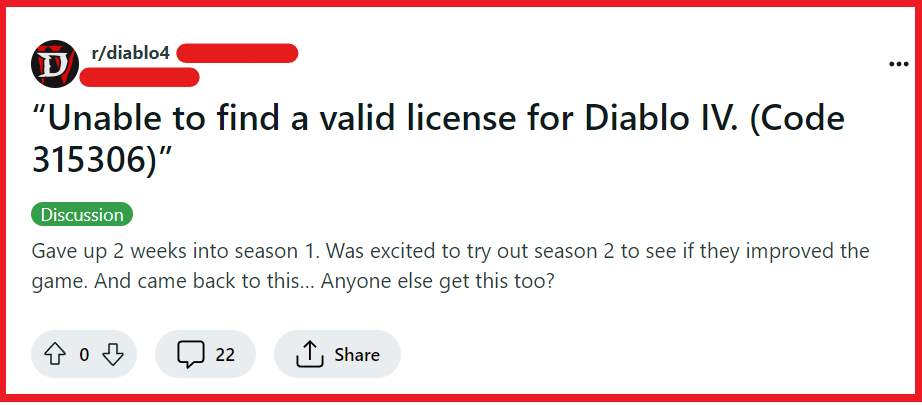 How To Fix Diablo 4 Error Code 315306 Unable To Find A Valid License For Diablo IV 2 Fix Diablo 4 Error Code 315306 Unable To Find A Valid License For Diablo IV