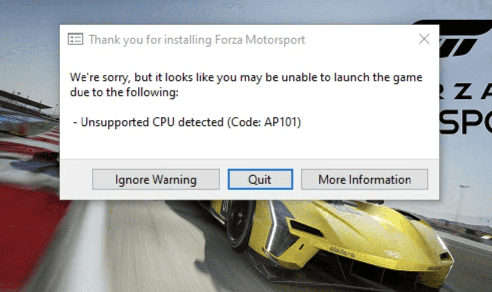 How to Fix Forza Motorsport Unsupported CPU Detected Error Code AP101 2 Forza Motorsport Error Code AP101 Unsupported CPU Detected