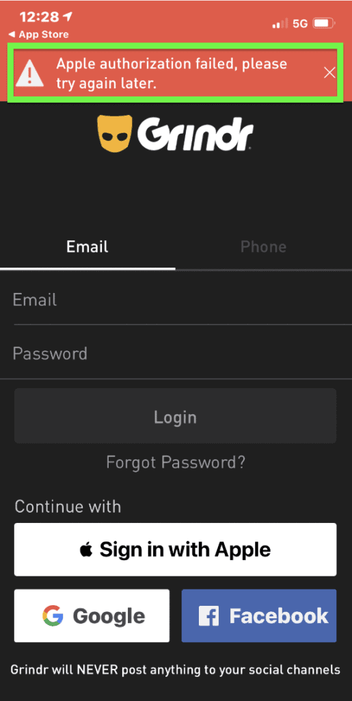 How to Fix "Apple Authorization Failed" on Grindr 1 Grindr Apple Authorization Failed