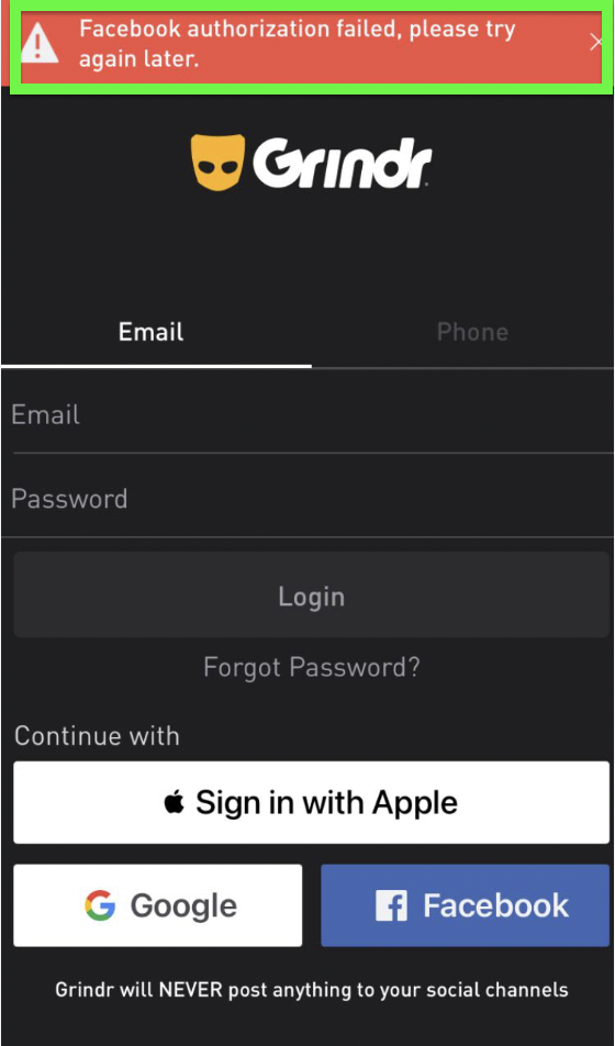 How to Fix "Facebook Authorization Failed" on Grindr 1 Grindr facebook Authorization Failed