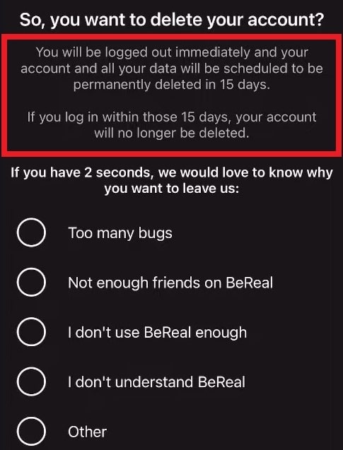 How To Recover BeReal Account 6 How To Recover BeReal Account account deletion terms 2