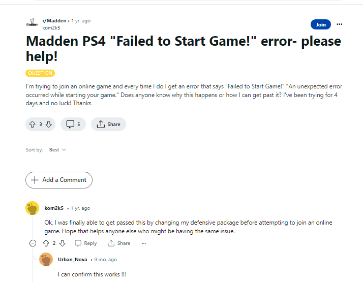 How to Fix “Failed to Start Game” on Madden NFL 24 3 How to Fix Failed to Start Game on Madden NFL 24 error report on reddit