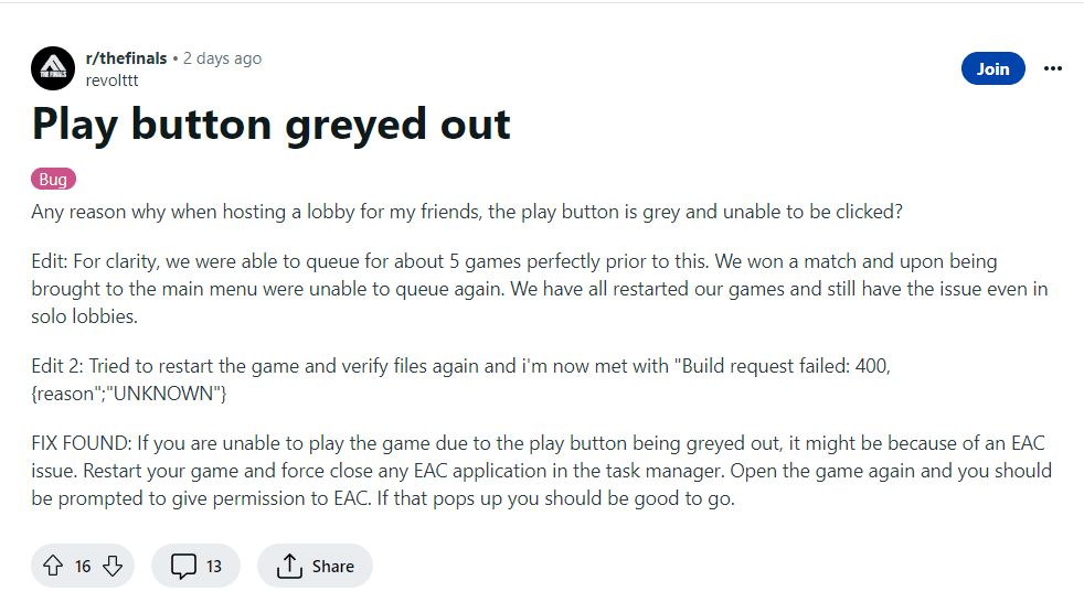 How to Fix The Finals Play Button Greyed Out