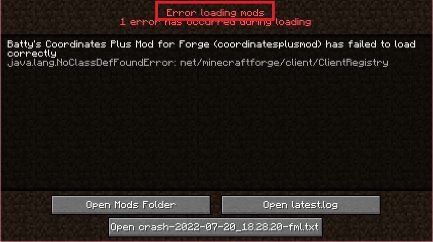 Minecraft error loading mods 1