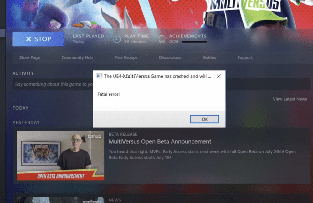 Fix: The UE4-MultiVersus Games has crashed Fatal Error 1 MultiVersus fatal error