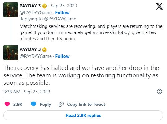 How To Fix Payday 3 Solo Not Working 3 Official tweet for payday 3 solo not working