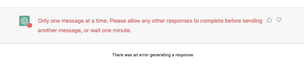Fix: Only One Message At a Time, Please Allow Any Other Responses to Complete Before Sending Another Message ChatGPT 1 Only one message at a time. Please allow any other responses to complete before sending another message, or wait one minute chatgpt