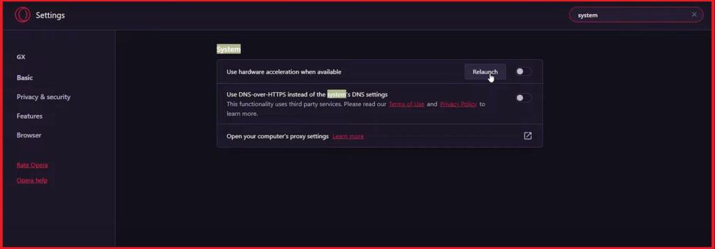 How To Fix Opera GX Twitch Sidebar Not Working 3 Opera GX Twitch Sidebar Not Working toggle off hardware accelration 1