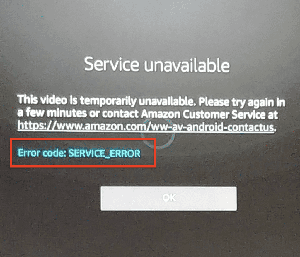 How to Fix "Error Code SERVICE_ERROR" on Amazon Fire Stick? 1 Service Unavailable This video is temporarily unavailable. Please try again in a few minutes or contact Amazon customer service SERVICE ERROR