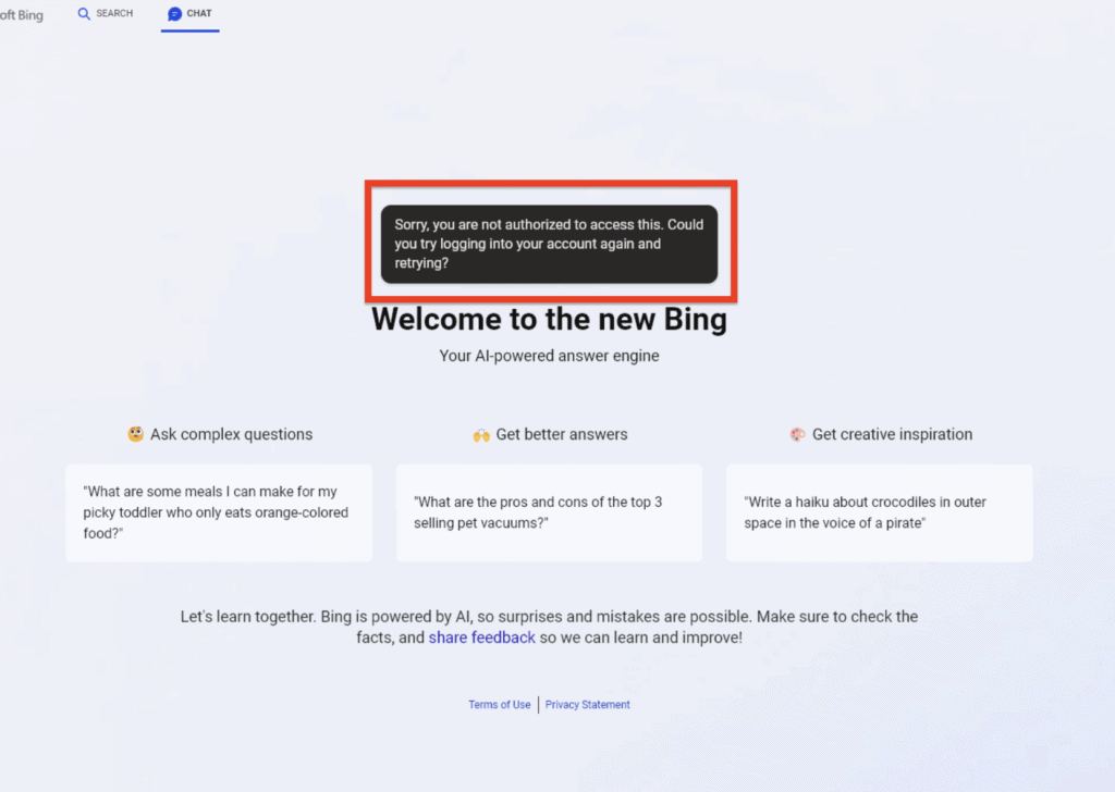 How to Fix "Sorry You Are Not Authorized to Access This" on Bing Chat 1 Sorry You Are Not Authorized to Access This Bing Chat