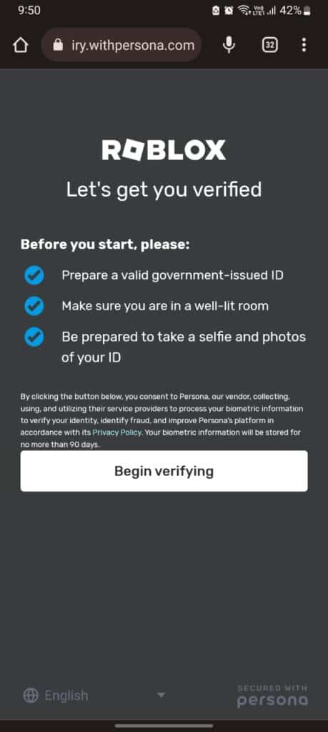 How to Fix "Your Account Isn't Eligible for this Feature" on Roblox VR Meta Quest 2 6 Step 6 Begin Verifying Your Identity