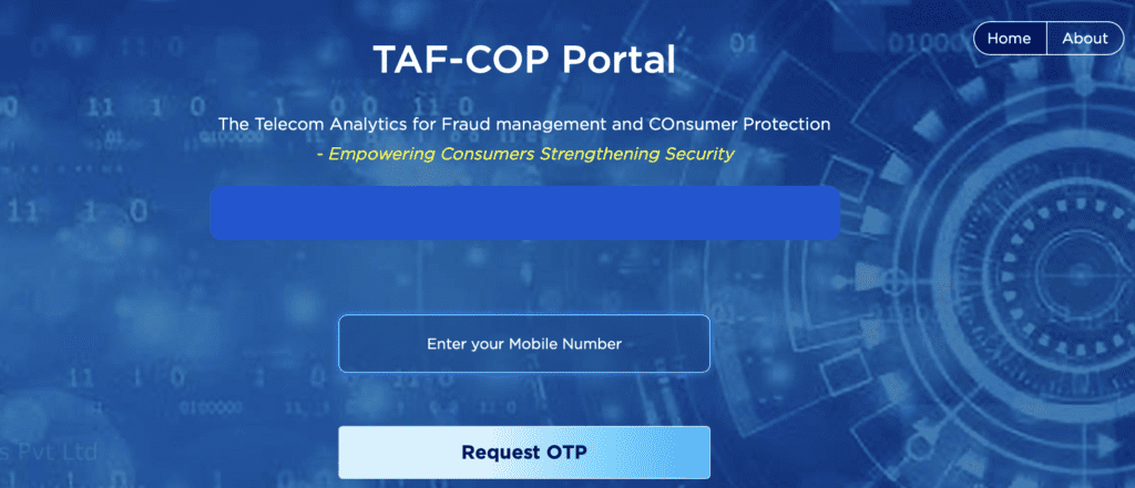 TAF COP Portal: How to check How Many Mobile Numbers linked to Aadhaar Card on TAF-COP Portal? 2 TAF Cop portal homepage