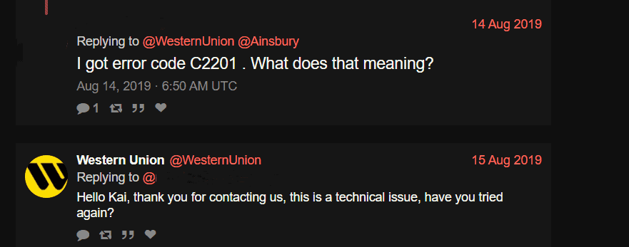 How To Fix Western Union Error Code C2201 1 Western Union Error Code C2201 on twitter