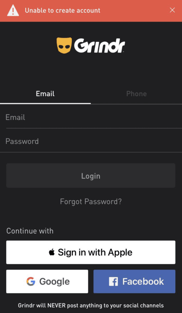 grindr unable to create account