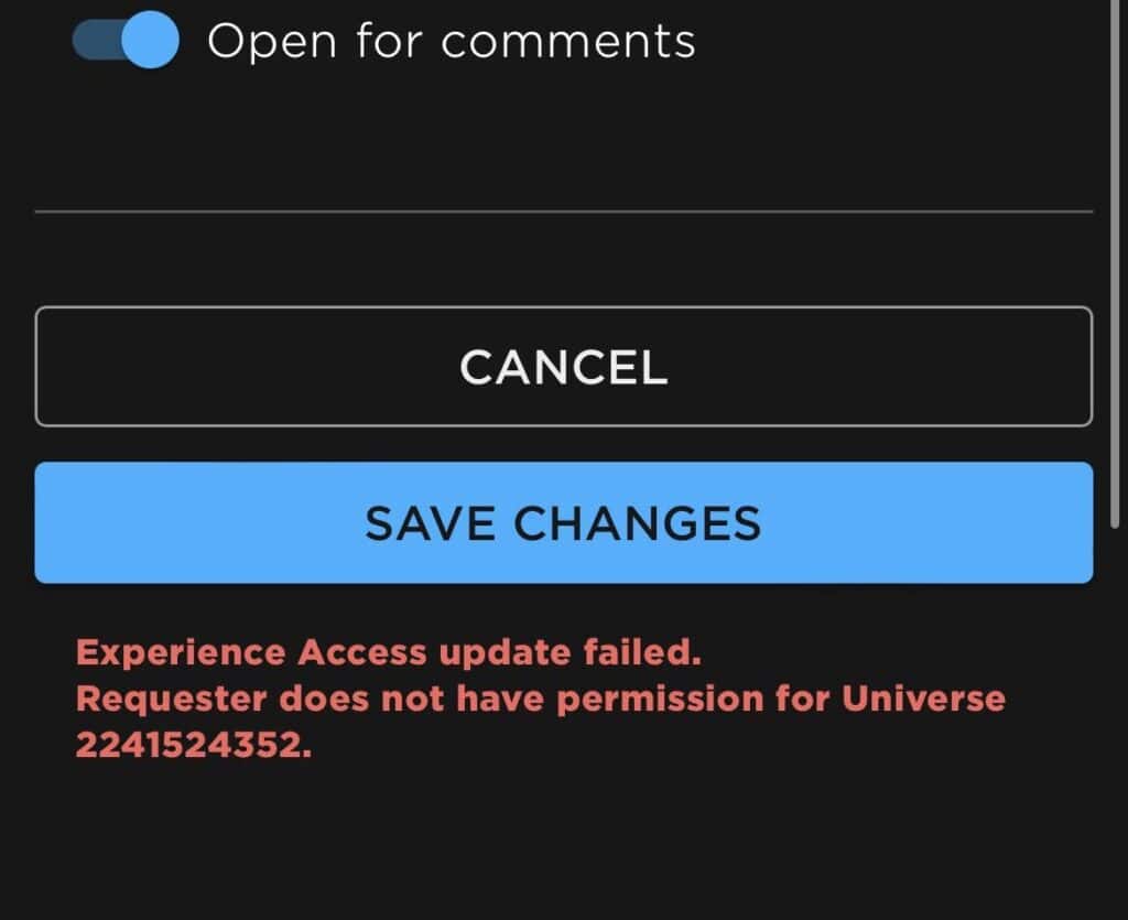 How To Fix “Experience Access Update Failed” On Roblox 1 roblox experience access update failed requester does not have permission for universe