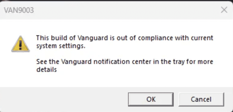 this build of vanguard is out of compliance with current system settings valorant